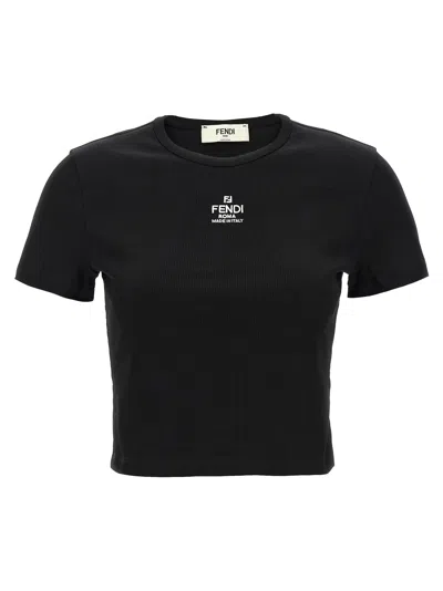 Fendi Women T-shirt A Coste Cropped Con Dettaglio Logo In Cotone Stretch Nero Donna In Black
