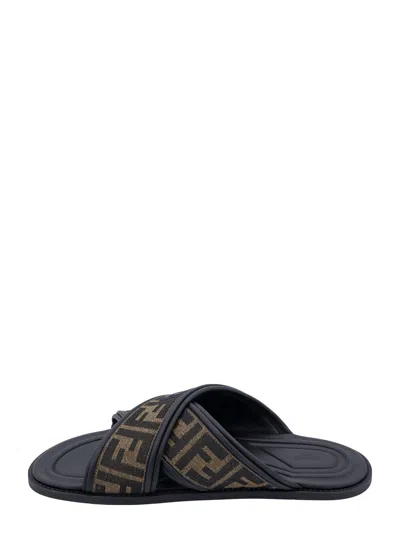 Fendi Double Crossed Band Logo Slides With Jacquard Ff Design In Black