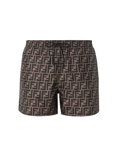 Fendi Tech Fabric With All-over Ff Pattern Swim Shorts In Brown