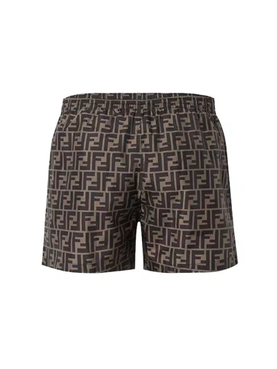 Fendi Tech Fabric With All-over Ff Pattern Swim Shorts In Brown