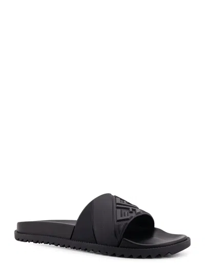 Fendi Rubber Slides With High Strap And Embossed Ff Motif Shoes In Black