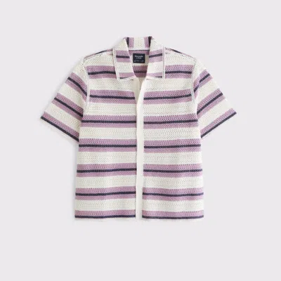 Abercrombie & Fitch Crochet-style Striped Button-through Sweater Polo In Black