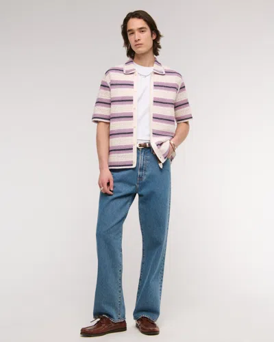 Abercrombie & Fitch Crochet-style Striped Button-through Sweater Polo In Black