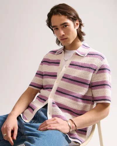 Abercrombie & Fitch Crochet-style Striped Button-through Sweater Polo In Black