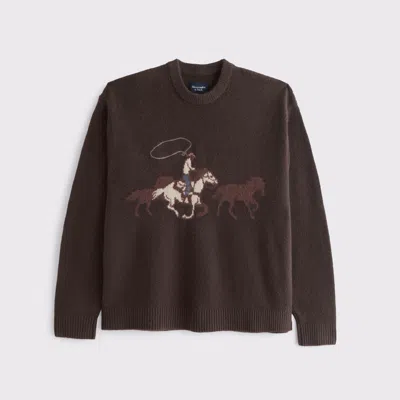 Abercrombie & Fitch Oversized Western Graphic Crew Sweater In Brown