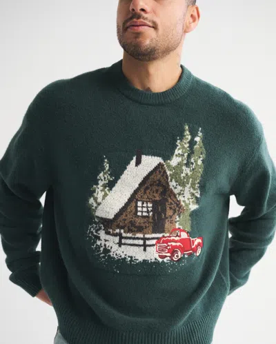 Abercrombie & Fitch Oversized Holiday Graphic Crew Sweater In Green