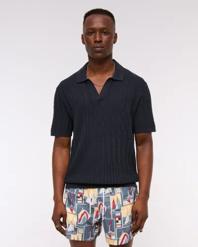 Abercrombie & Fitch Cable Patchwork Johnny Collar Sweater Polo In Blue