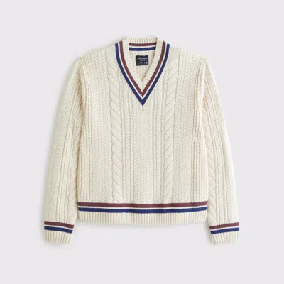Abercrombie & Fitch Oversized Cable V-neck Sweater In White