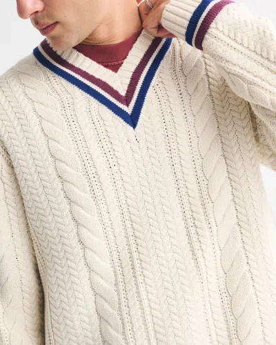 Abercrombie & Fitch Oversized Cable V-neck Sweater In White