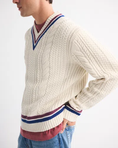 Abercrombie & Fitch Oversized Cable V-neck Sweater In White