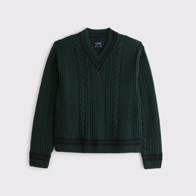 Abercrombie & Fitch Oversized Cable V-neck Sweater In Green