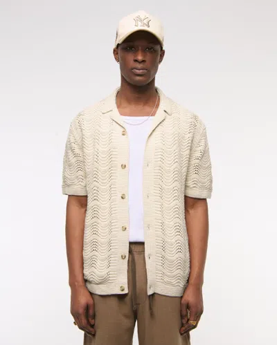 Abercrombie & Fitch Wavy Crochet-style Button-through Sweater Polo In Neutral