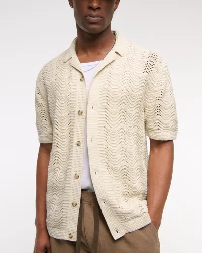 Abercrombie & Fitch Wavy Crochet-style Button-through Sweater Polo In Neutral