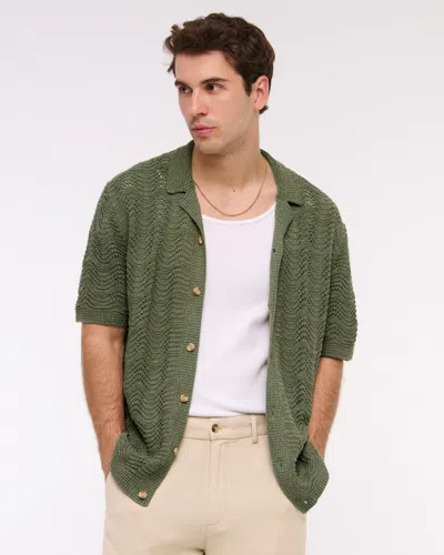 Abercrombie & Fitch Wavy Crochet-style Button-through Sweater Polo In Green