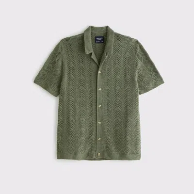 Abercrombie & Fitch Wavy Crochet-style Button-through Sweater Polo In Green