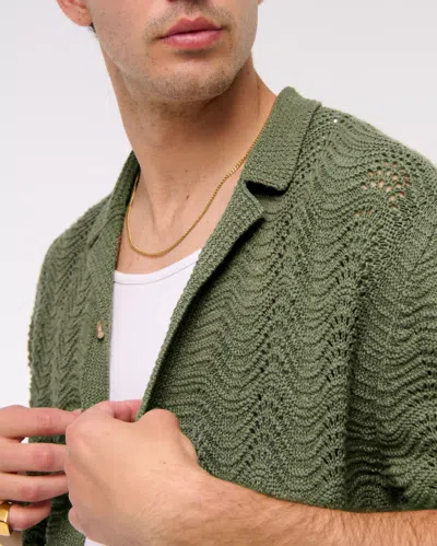 Abercrombie & Fitch Wavy Crochet-style Button-through Sweater Polo In Green