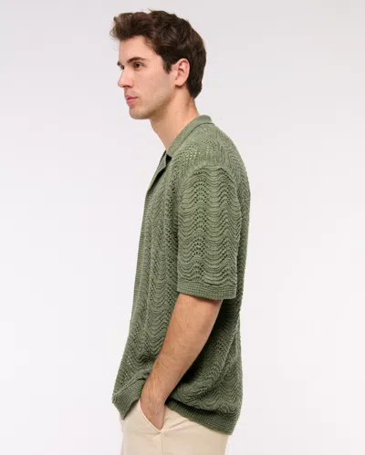 Abercrombie & Fitch Wavy Crochet-style Button-through Sweater Polo In Green