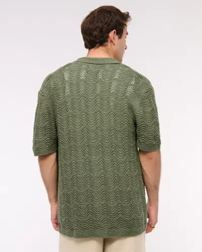 Abercrombie & Fitch Wavy Crochet-style Button-through Sweater Polo In Green