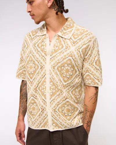 Abercrombie & Fitch Crochet-style Floral Button-through Sweater Polo In Brown