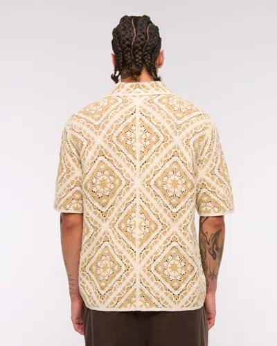 Abercrombie & Fitch Crochet-style Floral Button-through Sweater Polo In Brown