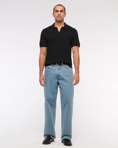 Abercrombie & Fitch Textural Striped Johnny Collar Sweater Polo In Black