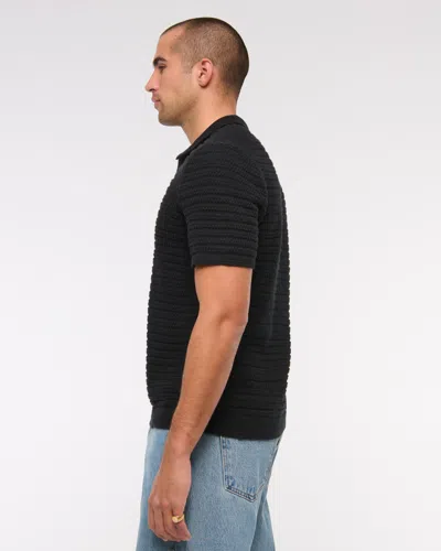 Abercrombie & Fitch Textural Striped Johnny Collar Sweater Polo In Black