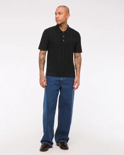 Abercrombie & Fitch Merino Wool-blend Stitch 3-button Sweater Polo In Black