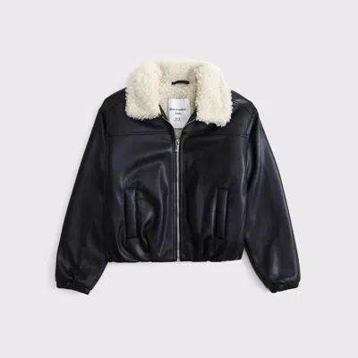 Abercrombie & Fitch Faux Fur-lined Vegan Leather Bomber Jacket In Black