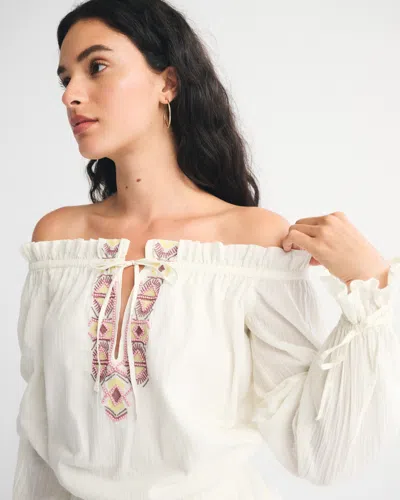 Abercrombie & Fitch Long-sleeve Off-the-shoulder Embroidered Mini Dress In White