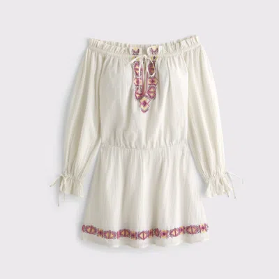 Abercrombie & Fitch Long-sleeve Off-the-shoulder Embroidered Mini Dress In White