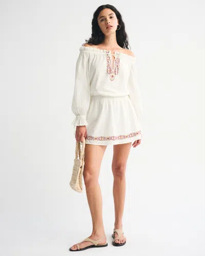 Abercrombie & Fitch Long-sleeve Off-the-shoulder Embroidered Mini Dress In White
