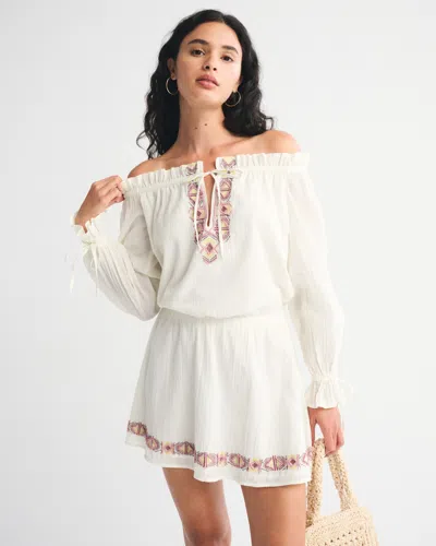 Abercrombie & Fitch Long-sleeve Off-the-shoulder Embroidered Mini Dress In White