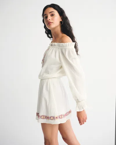 Abercrombie & Fitch Long-sleeve Off-the-shoulder Embroidered Mini Dress In White