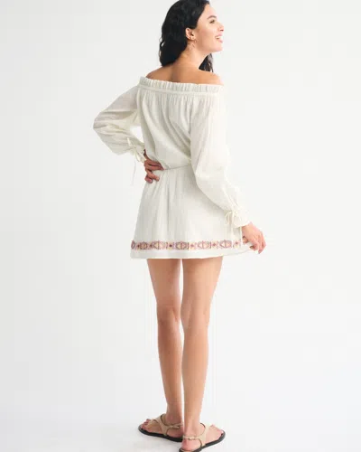 Abercrombie & Fitch Long-sleeve Off-the-shoulder Embroidered Mini Dress In White