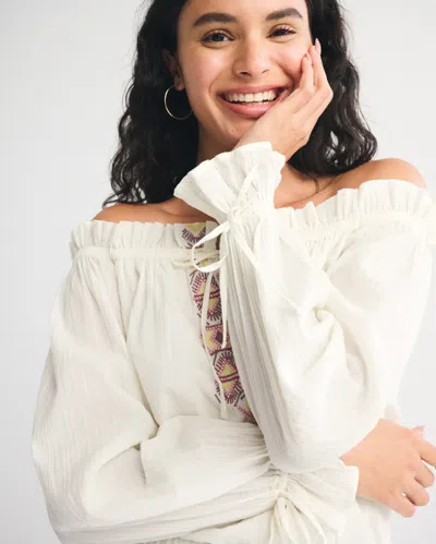 Abercrombie & Fitch Long-sleeve Off-the-shoulder Embroidered Mini Dress In White