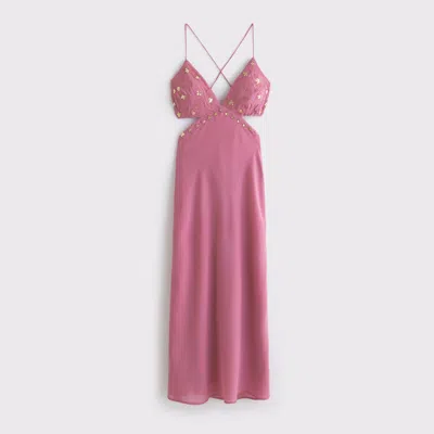 Abercrombie & Fitch Beaded Cutout Slip Midi Dress In Pink