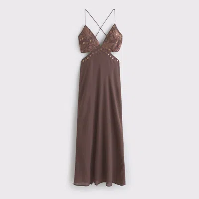 Abercrombie & Fitch Beaded Cutout Slip Midi Dress In Brown