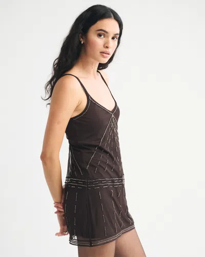 Abercrombie & Fitch V-neck Beaded Mini Dress In Brown