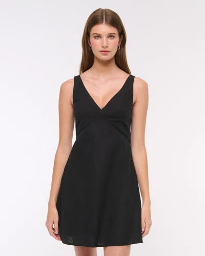Abercrombie & Fitch V-neck Linen-blend Mini Dress In Black