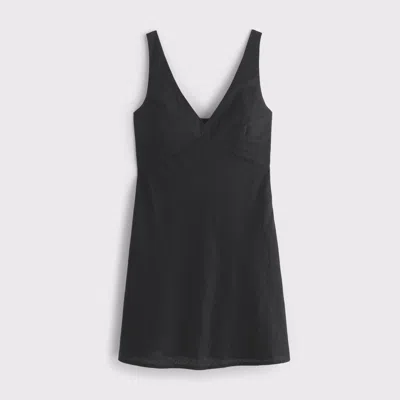 Abercrombie & Fitch V-neck Linen-blend Mini Dress In Black