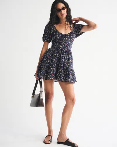 Abercrombie & Fitch Puff Sleeve Tie-front Mini Dress In Blue
