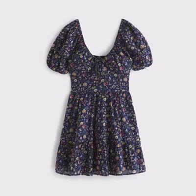 Abercrombie & Fitch Puff Sleeve Tie-front Mini Dress In Blue