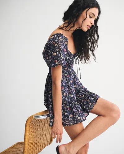 Abercrombie & Fitch Puff Sleeve Tie-front Mini Dress In Blue