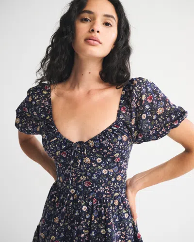 Abercrombie & Fitch Puff Sleeve Tie-front Mini Dress In Blue