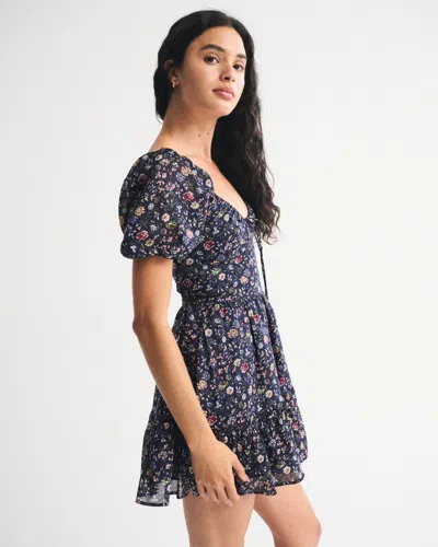 Abercrombie & Fitch Puff Sleeve Tie-front Mini Dress In Blue
