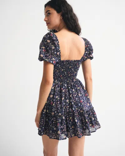 Abercrombie & Fitch Puff Sleeve Tie-front Mini Dress In Blue