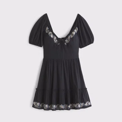 Abercrombie & Fitch Puff Sleeve Tie-front Mini Dress In Black