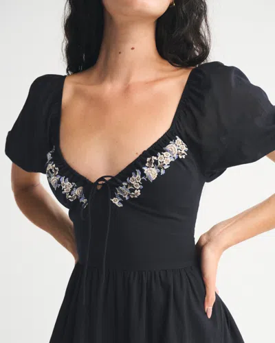 Abercrombie & Fitch Puff Sleeve Tie-front Mini Dress In Black