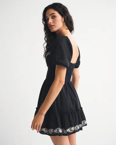 Abercrombie & Fitch Puff Sleeve Tie-front Mini Dress In Black