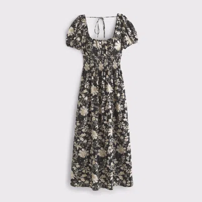 Abercrombie & Fitch Puff Sleeve Smocked Waist Midi Dress In Black